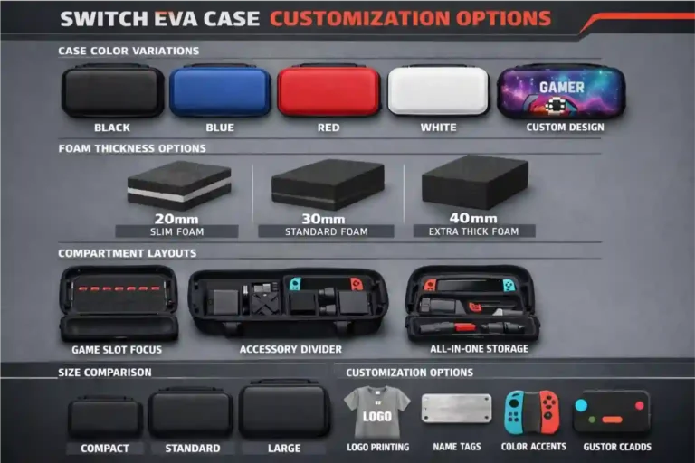 Switch EVA case customization options including colors, foam thickness, and compartment layouts