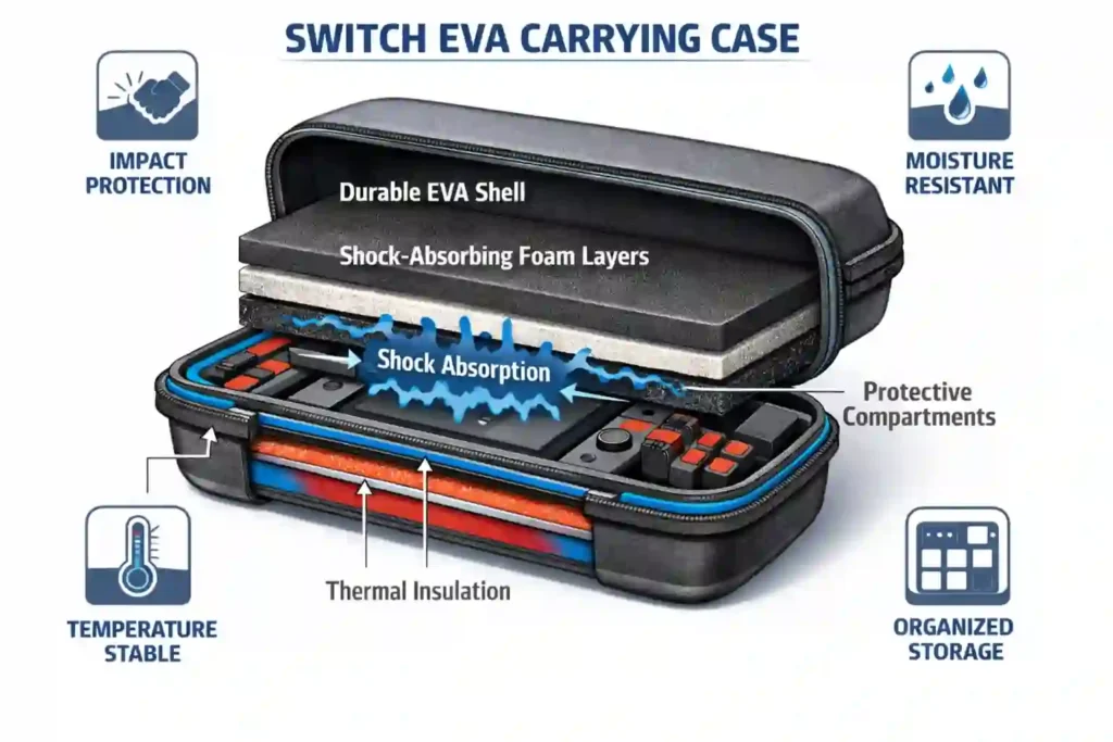 Switch EVA case cross-section showing shock-absorbing foam layers and protection features
