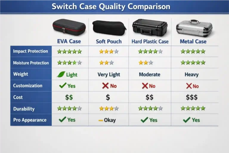 Quality comparison chart - EVA case vs soft pouch vs hard plastic vs metal case