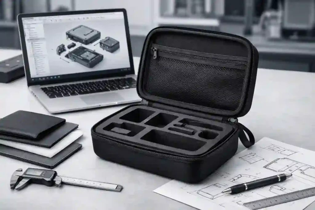 Custom black EVA case with precision-cut foam insert for medical instruments on an industrial design workbench at Gaoda factory.