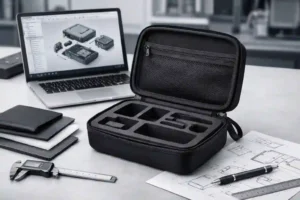 Custom black EVA case with precision-cut foam insert for medical instruments on an industrial design workbench at Gaoda factory.