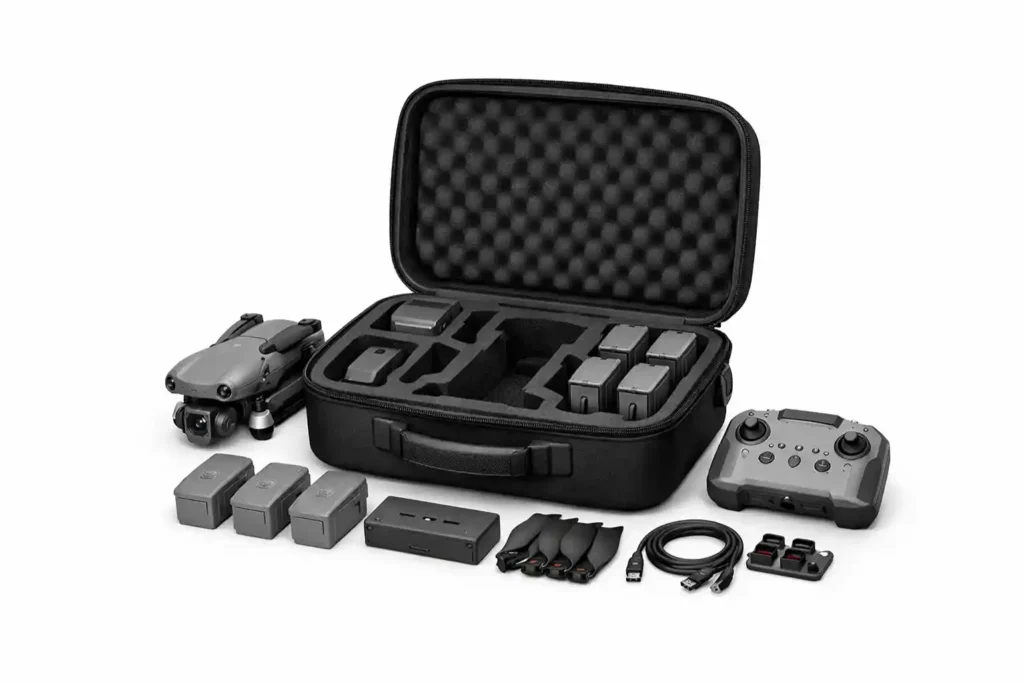 Professional custom EVA drone storage case with DJI professional drone, batteries, remote controller, and accessories