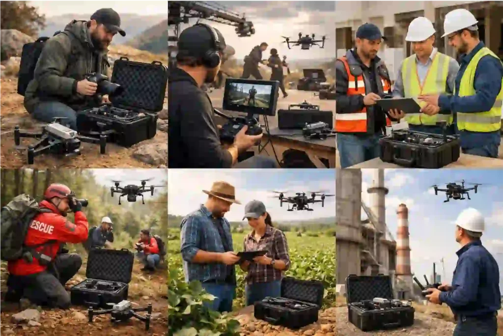 Professional drone applications including aerial photography, videography, commercial operations, search and rescue, agricultural monitoring, and industrial inspection