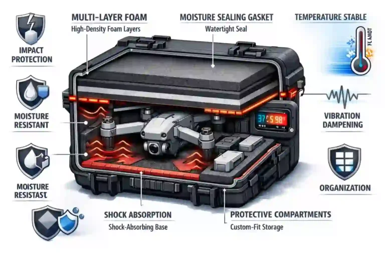 Cross-section view of professional EVA drone case showing multi-layer foam protection, shock absorption, moisture sealing, and temperature stability features
