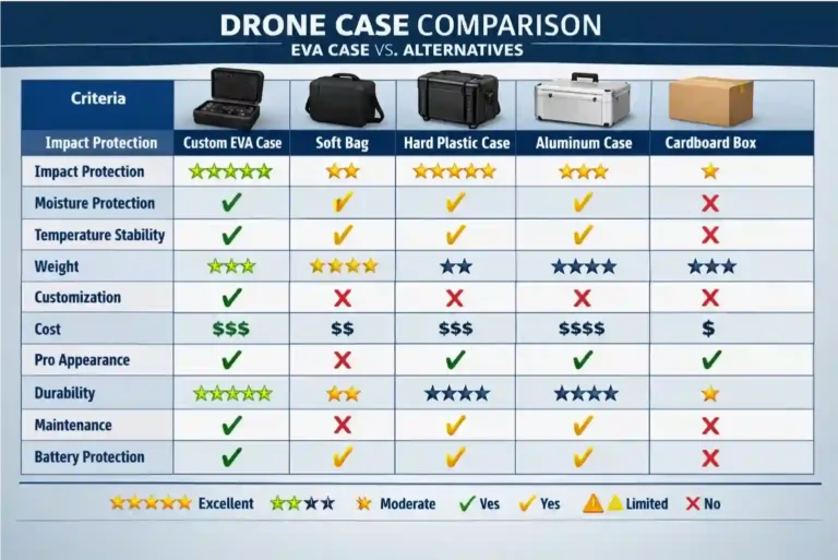 Comprehensive comparison chart of custom EVA drone cases versus soft bags, hard plastic cases, aluminum cases, and cardboard boxes showing protection, moisture resistance, temperature stability, weight, customization, cost, and durability