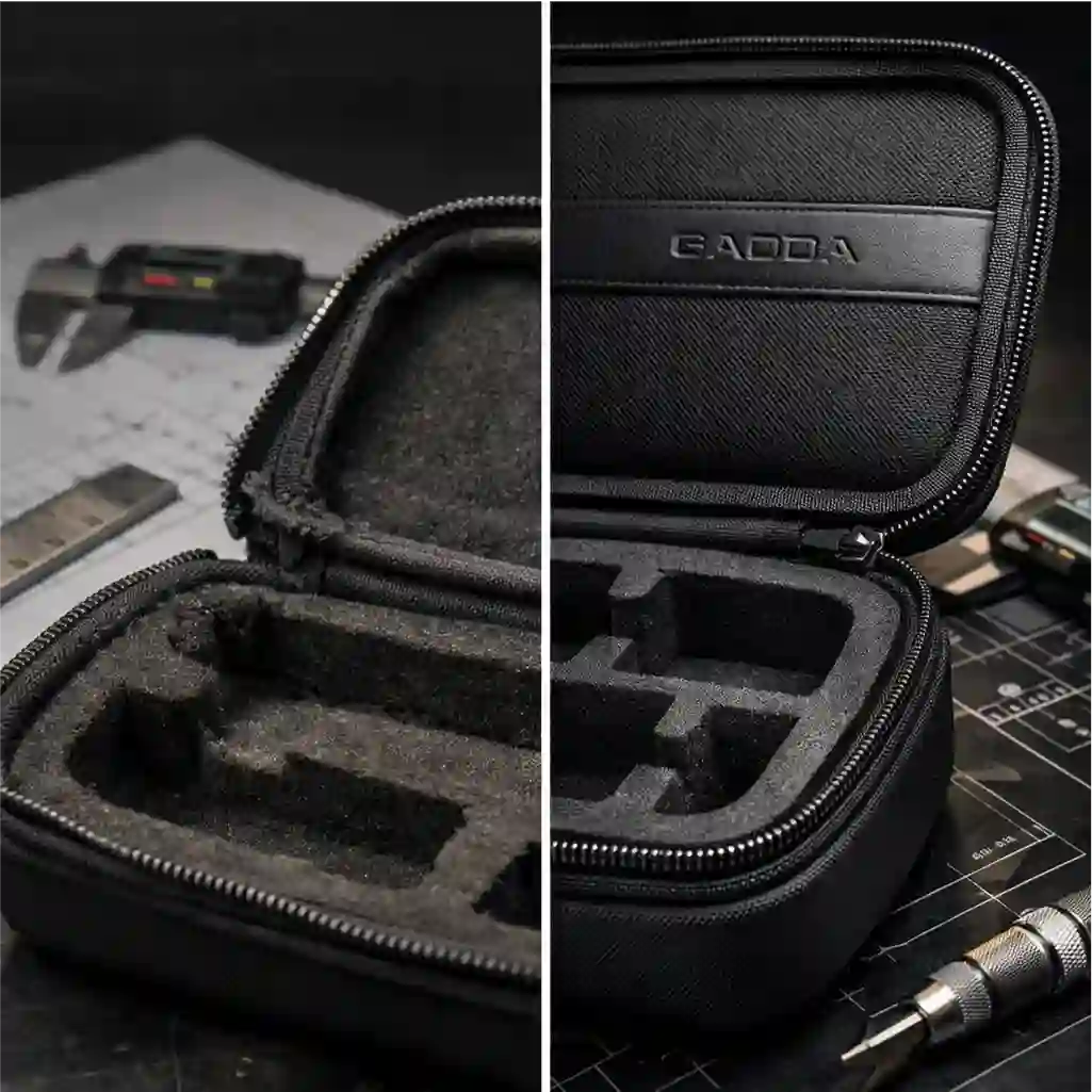 Comparison between a generic protective case and a premium custom EVA case with high-density foam insert and durable zippers, showcasing the manufacturing quality at Gaoda.