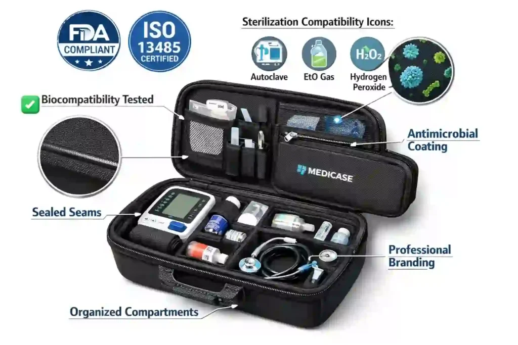 A professional custom medical bag with precision-cut EVA foam case for healthcare devices, showing a sterile and compliant medical box design.