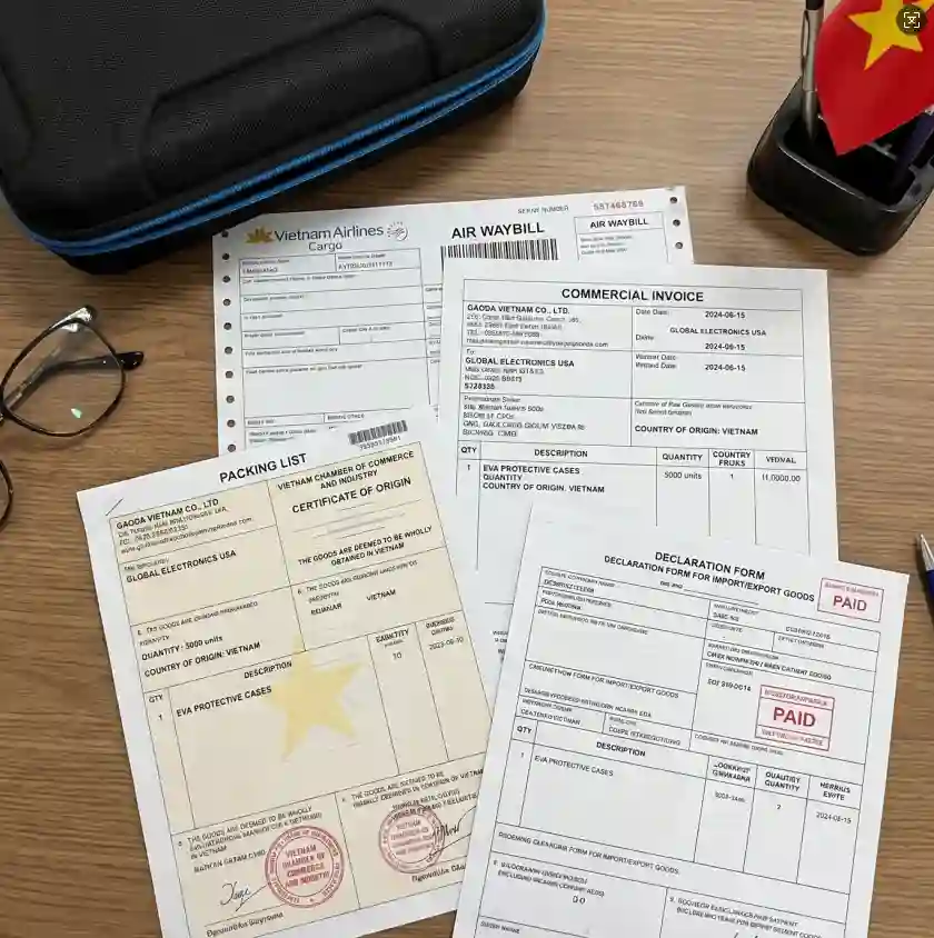 Shipping documents proving the legal origin of an EVA protective case from a reliable Vietnam EVA case supplier.