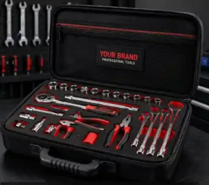 Black custom EVA tool case with red 5S foam insert holding mechanical tools