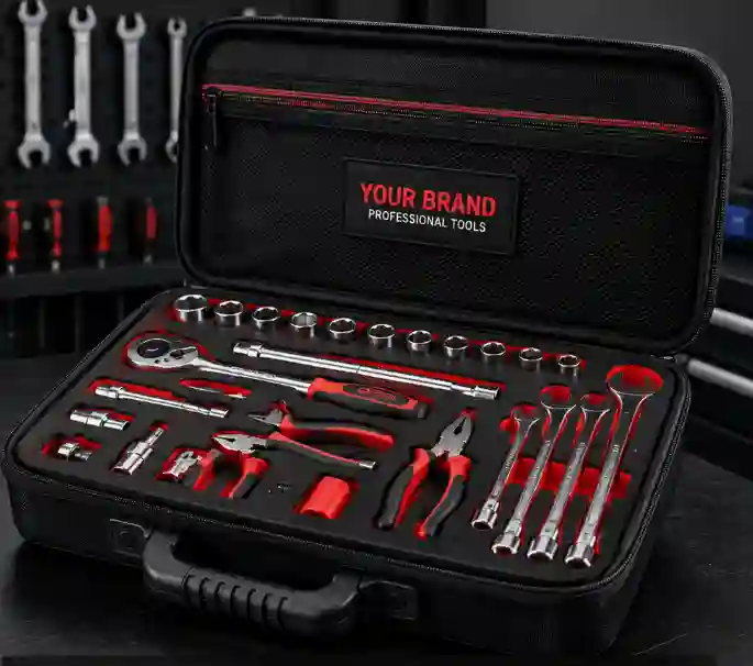 Black custom EVA tool case with red 5S foam insert holding mechanical tools