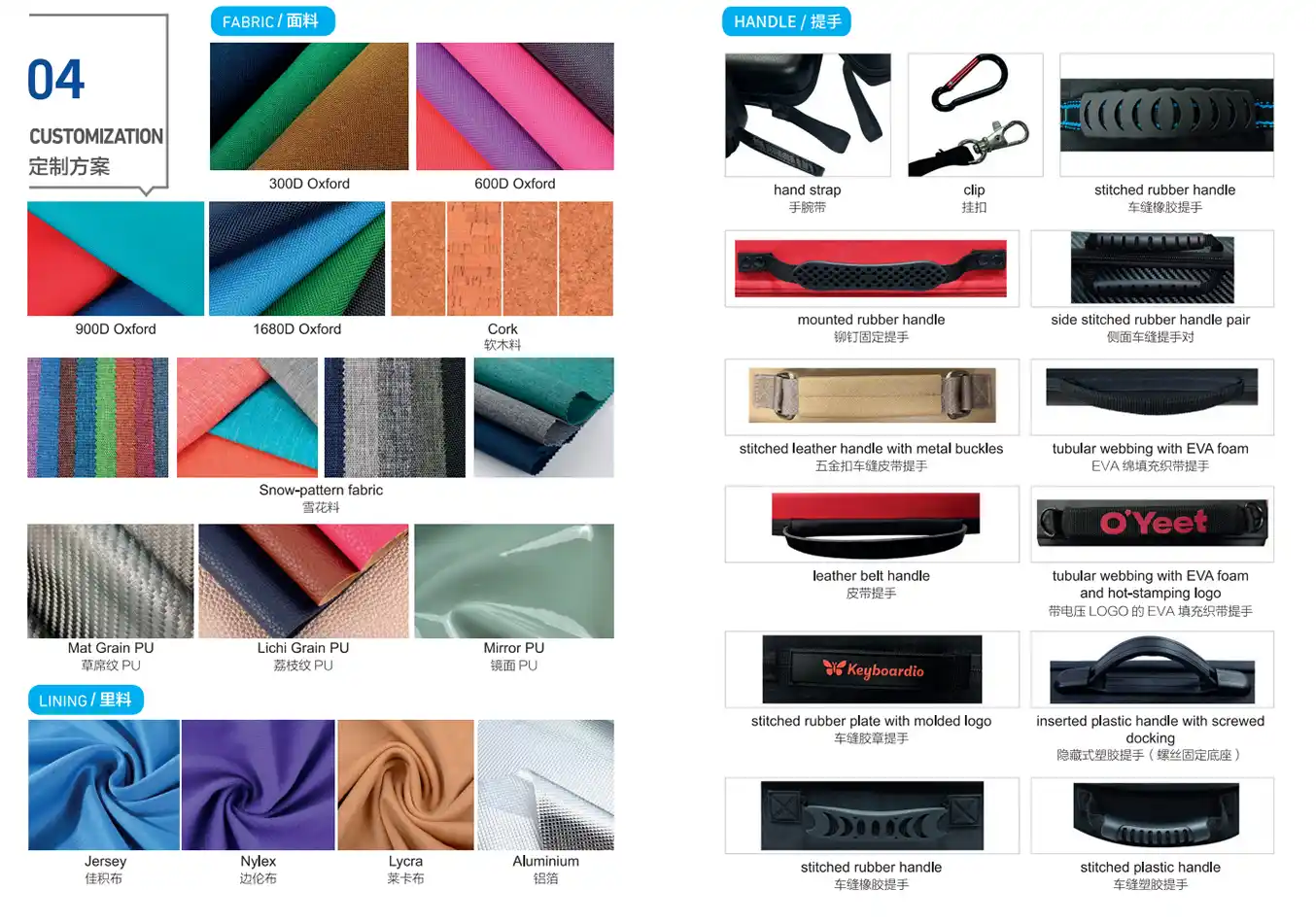 Custom EVA case fabric, lining and handle options, including Oxford fabric, PU leather, jersey, Lycra and rubber handles