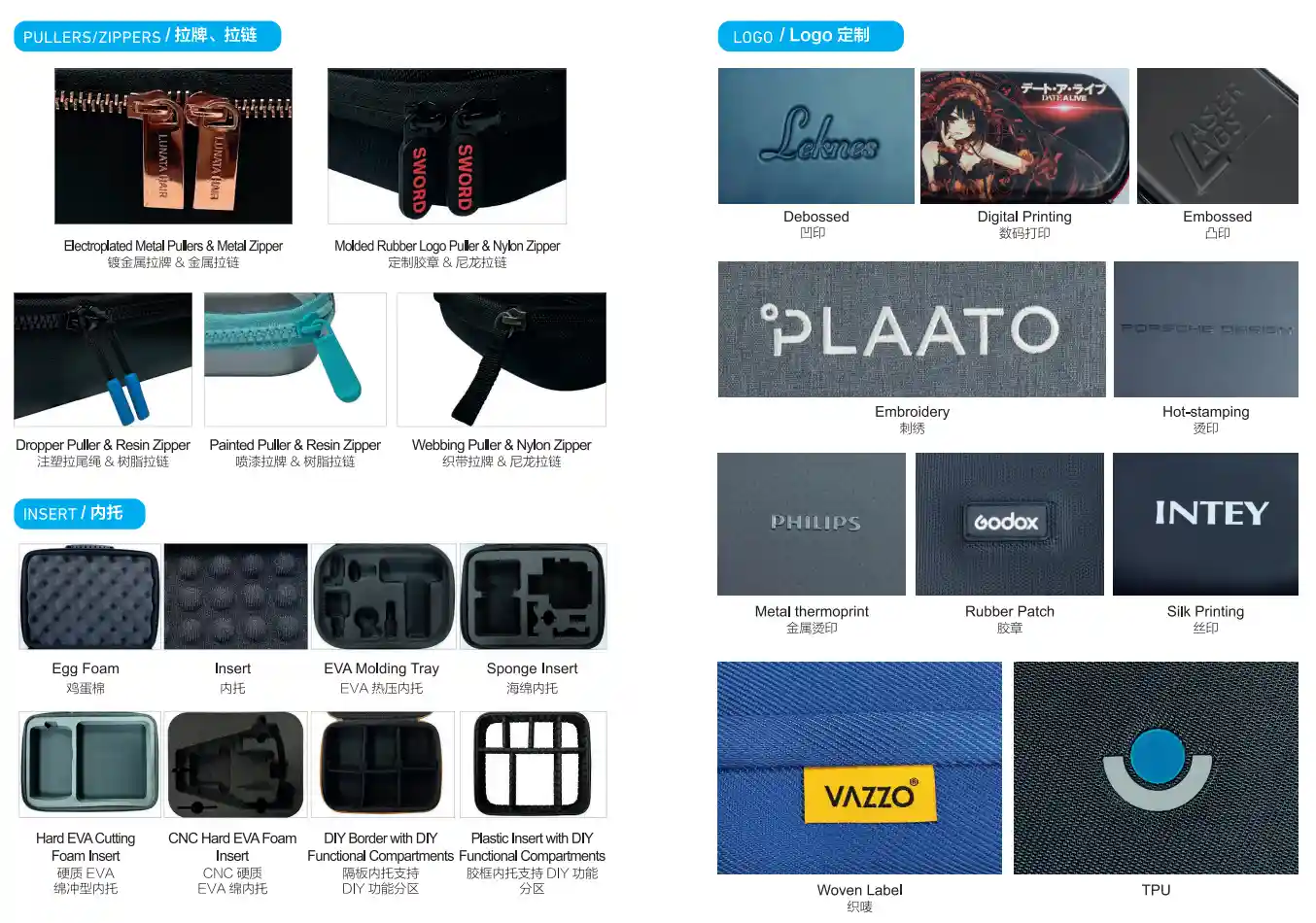 Custom EVA case zipper pullers, foam inserts, molded EVA trays and logo printing options