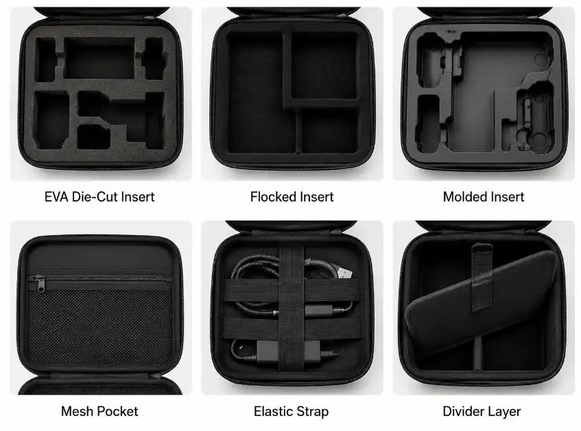 Custom EVA case interior options including die-cut foam, flocked and molded inserts, mesh pockets, elastic straps and divider layers