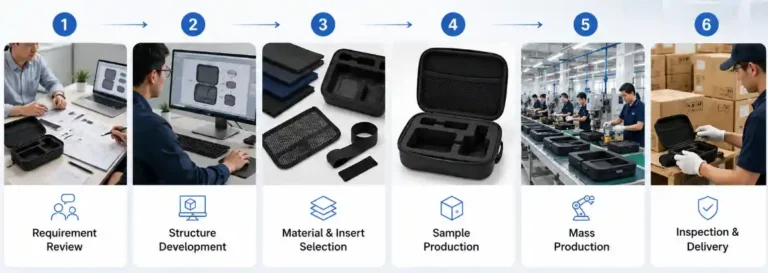 Custom EVA case manufacturing process including requirement review, structural design, material selection, sample production, mass production, inspection and delivery