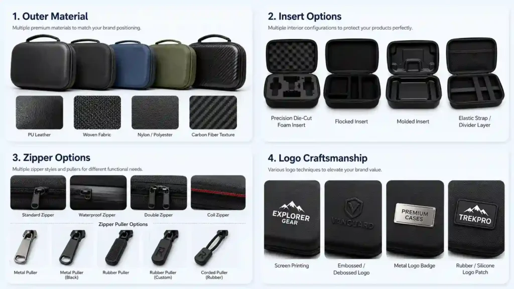 EVA case customization options for materials, inserts, zippers and logos