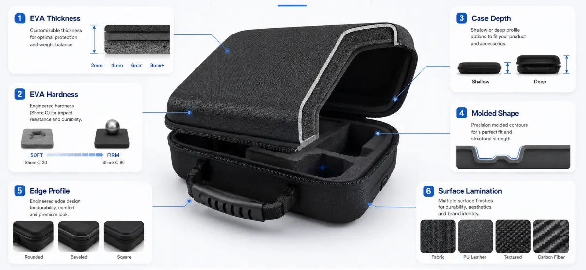 Custom EVA case structural options including EVA thickness, hardness, case depth, molded shape, edge profile and surface lamination