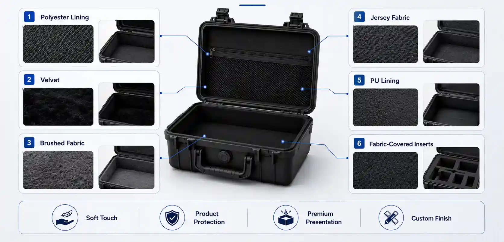 Custom EVA case interior lining options including polyester, velvet, brushed fabric, jersey, PU lining and fabric-covered inserts