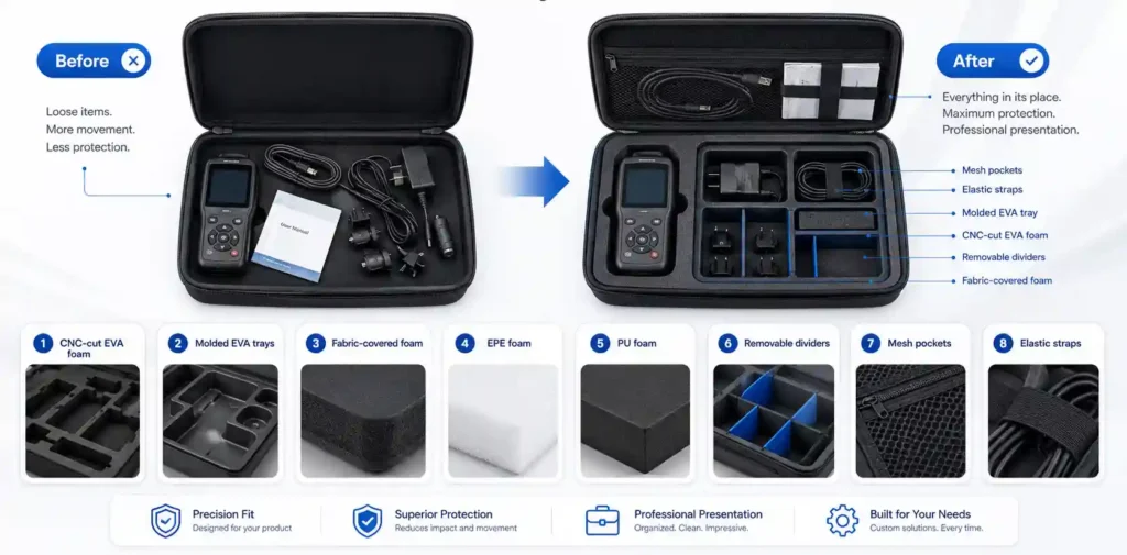 Before and after comparison of a custom EVA case interior with CNC-cut foam, molded trays, dividers, mesh pockets and elastic straps