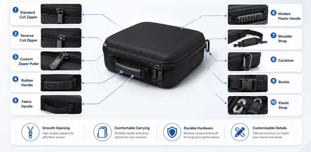 Custom EVA case hardware options including coil zippers, zipper pullers, rubber and fabric handles, shoulder straps, carabiners, buckles and elastic straps