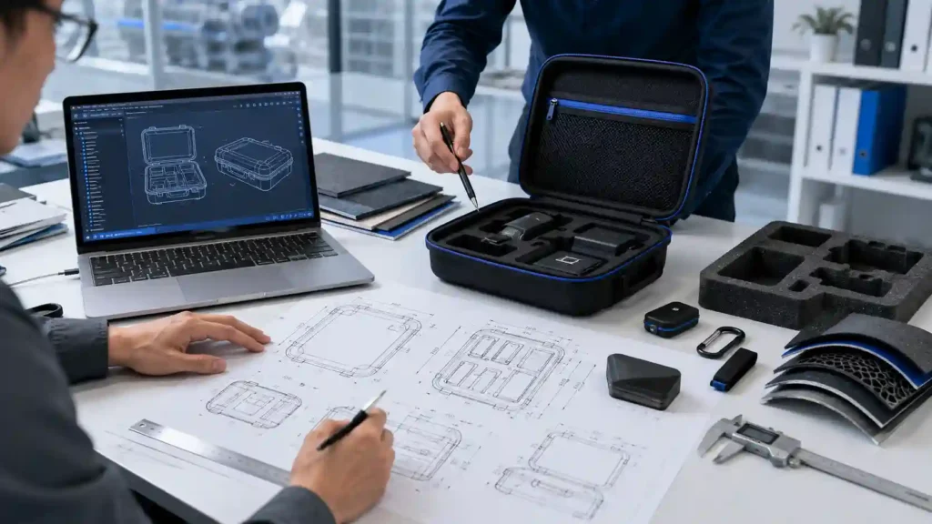 Engineers developing a custom EVA case using CAD drawings, technical blueprints, foam inserts and material samples