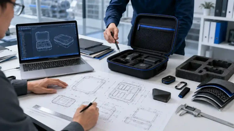 Engineers developing a custom EVA case using CAD drawings, technical blueprints, foam inserts and material samples