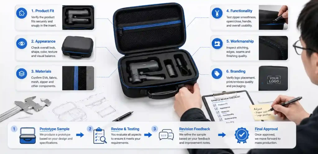 Custom EVA case sample development and approval process, including product fit, appearance, materials, functionality, workmanship and branding review