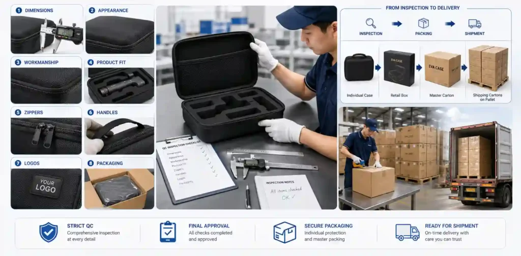 Custom EVA case quality inspection and delivery process, including dimension check, appearance review, workmanship, product fit, zippers, handles, logo, packaging and shipment
