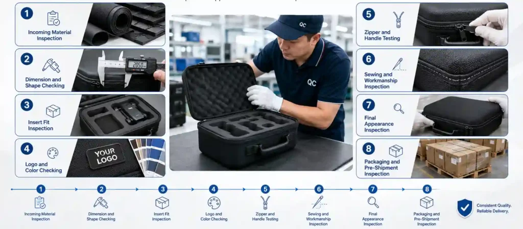 Custom EVA case quality control throughout production, including material inspection, dimension checking, insert fit, logo color, zipper testing, workmanship, appearance and packaging inspection