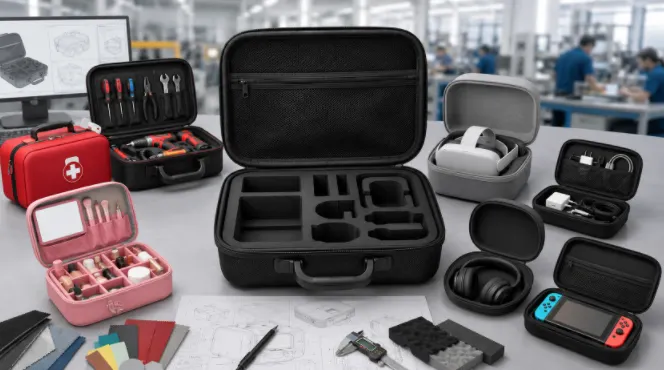 Variety of custom EVA cases for tools, cosmetics, electronics, VR headsets, headphones, and gaming devices displayed on a design workspace with CAD drawings, material swatches and foam inserts