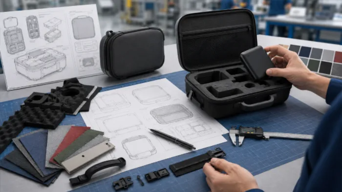 Custom EVA case design workspace showing technical drawings, material swatches, foam inserts, hardware accessories and prototype case fitting