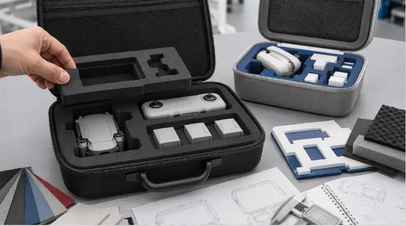 Custom EVA drone case with precision foam inserts, removable compartments, material swatches and prototype fitting for secure product protection