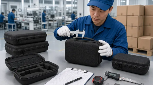 Worker inspecting custom EVA cases with calipers during quality control, checking handle size, stitching, zipper details and finished case consistency before shipment