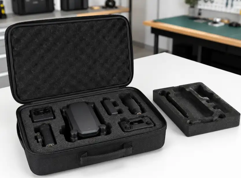 Custom EVA drone case with precision-cut foam insert, removable foam tray and protective compartments for drone, controller, batteries and accessories