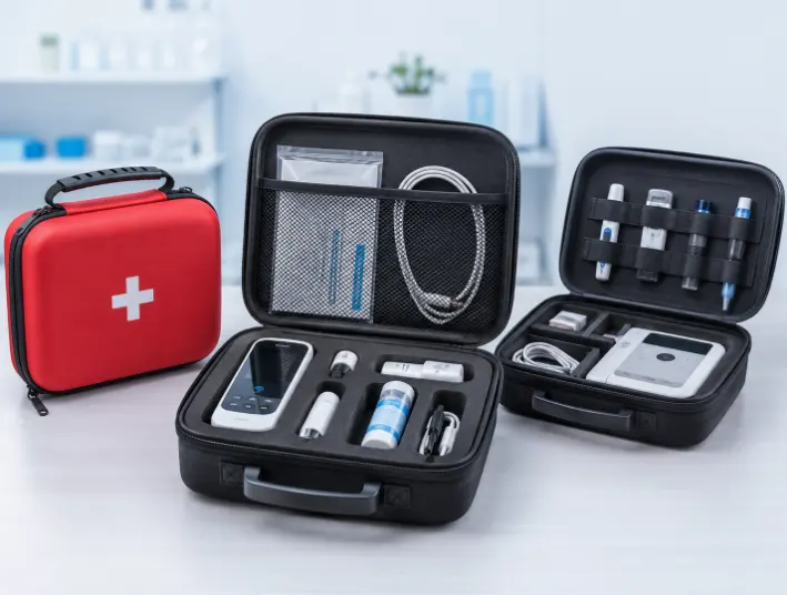 Custom EVA medical cases for first aid kits, diagnostic devices and healthcare accessories with protective foam inserts, mesh pockets and elastic straps