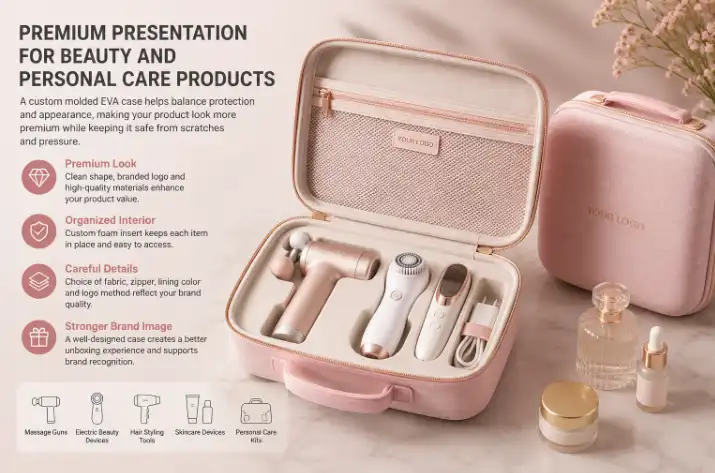 Custom EVA case for beauty and personal care products, including massage guns, electric beauty devices, hair styling tools and skincare accessories with molded foam insert