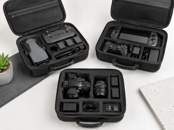 Custom EVA cases for drones, gaming devices and camera accessories with molded foam inserts, mesh pockets and protective compartments