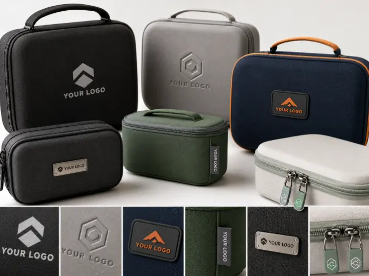 Custom EVA cases with logo branding options including screen printing, embossed logo, rubber patch, woven label, metal badge and branded zipper pullers