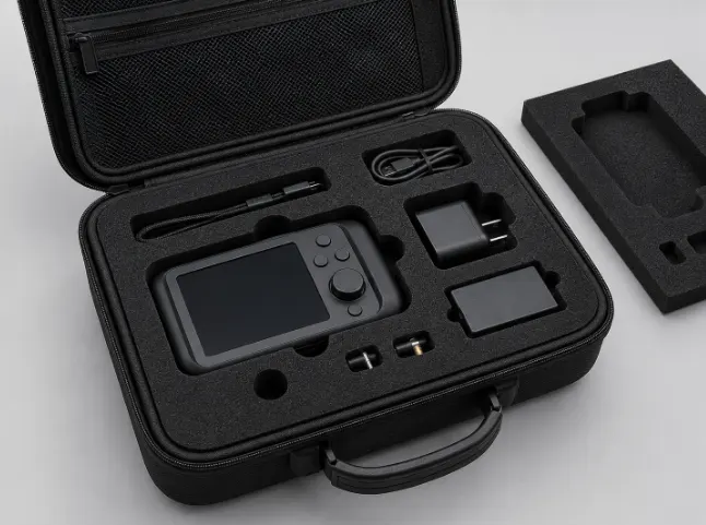 Custom EVA case with precision-cut foam insert for handheld electronic device, charger, cable and accessories, featuring mesh pocket and protective compartments