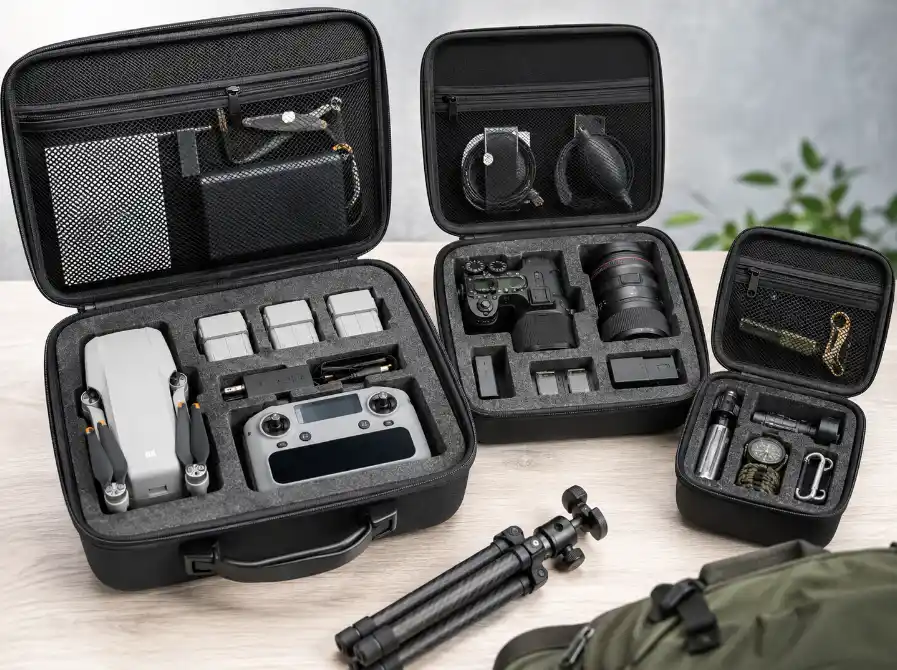 Custom EVA cases for drones, cameras and outdoor accessories with precision-cut foam inserts, mesh pockets and protective compartments