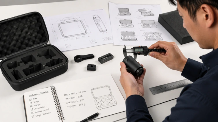 Engineer measuring product dimensions for custom EVA case development, with CAD drawings, evaluation checklist, foam insert prototype and protective case design