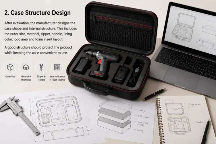 Custom EVA case structure design for power tools, showing outer size, material thickness, zipper and handle selection, internal foam insert layout and CAD drawings