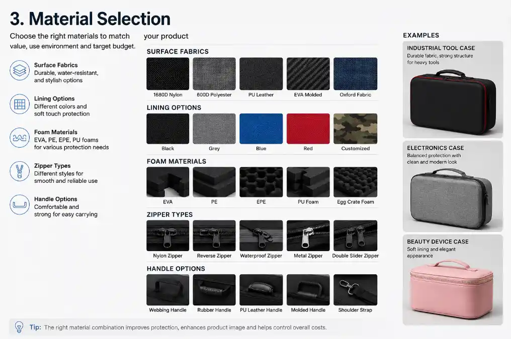Custom EVA case material selection options including surface fabrics, lining colors, foam materials, zipper types and handle options for tool, electronics and beauty device cases