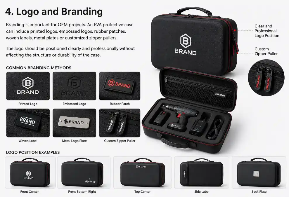 Custom EVA case logo and branding options including printed logos, embossed logos, rubber patches, woven labels, metal logo plates, custom zipper pullers and logo position examples