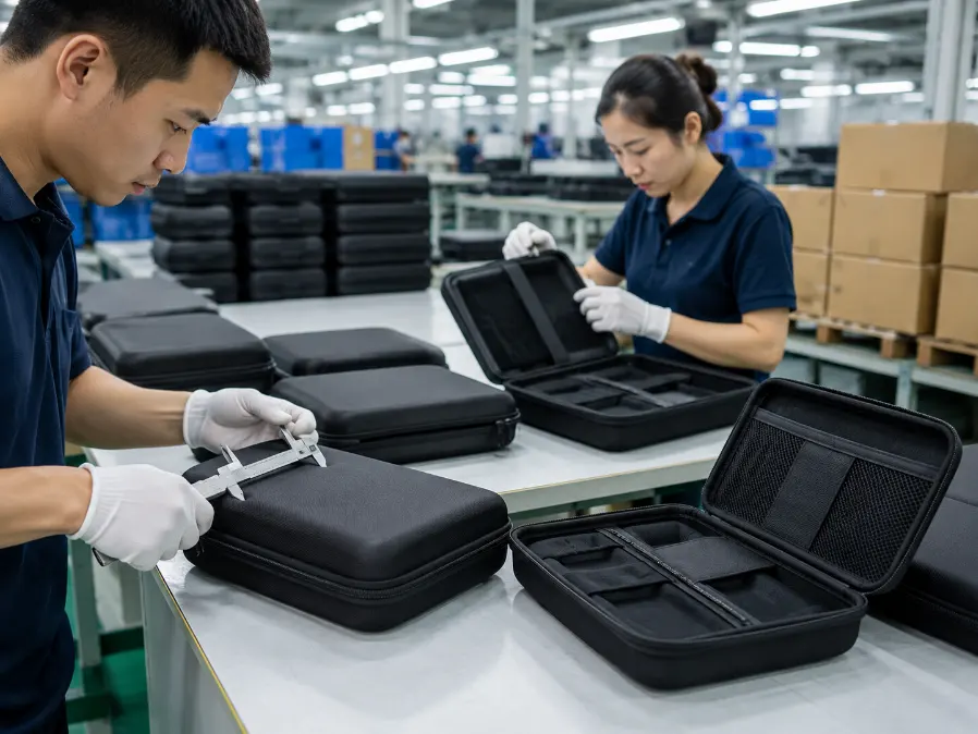 Workers inspecting custom EVA cases on the production line, checking dimensions, stitching, foam inserts, mesh pockets and overall quality before packing