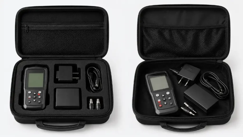 Custom EVA case insert comparison for handheld electronic device and accessories, showing precision-cut foam insert, loose storage option, mesh pocket and protective compartments