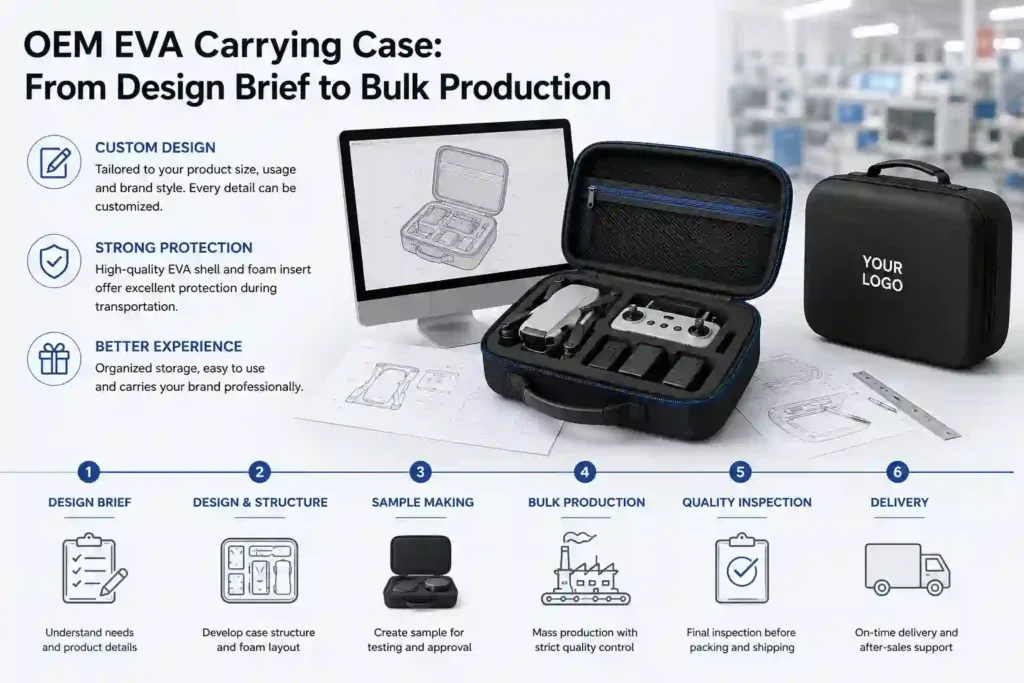 OEM EVA carrying case process from design brief to bulk production, showing custom drone case design, foam insert protection, sample making, quality inspection and delivery