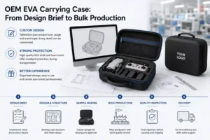 OEM EVA carrying case process from design brief to bulk production, showing custom drone case design, foam insert protection, sample making, quality inspection and delivery