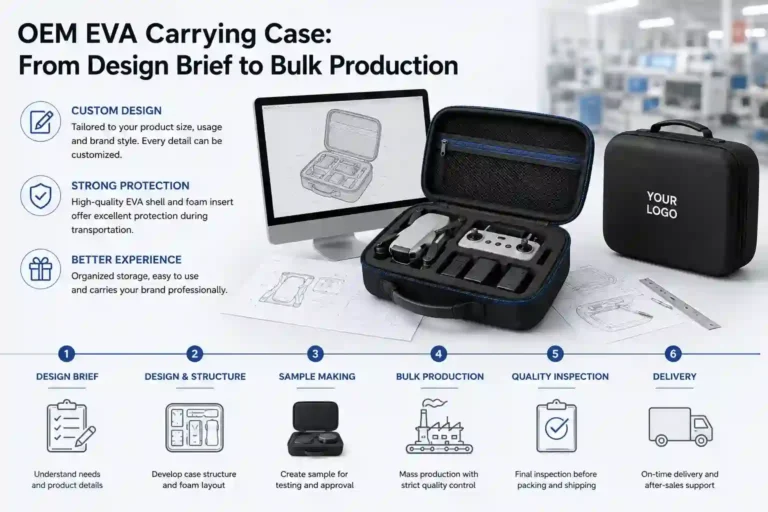 OEM EVA carrying case process from design brief to bulk production, showing custom drone case design, foam insert protection, sample making, quality inspection and delivery