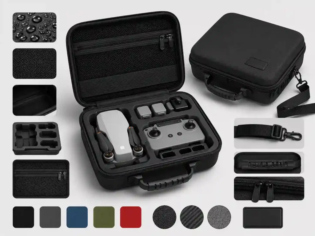 Custom EVA drone case with molded foam insert, mesh pocket, shoulder strap, rubber handle, double zipper, material textures and color customization options