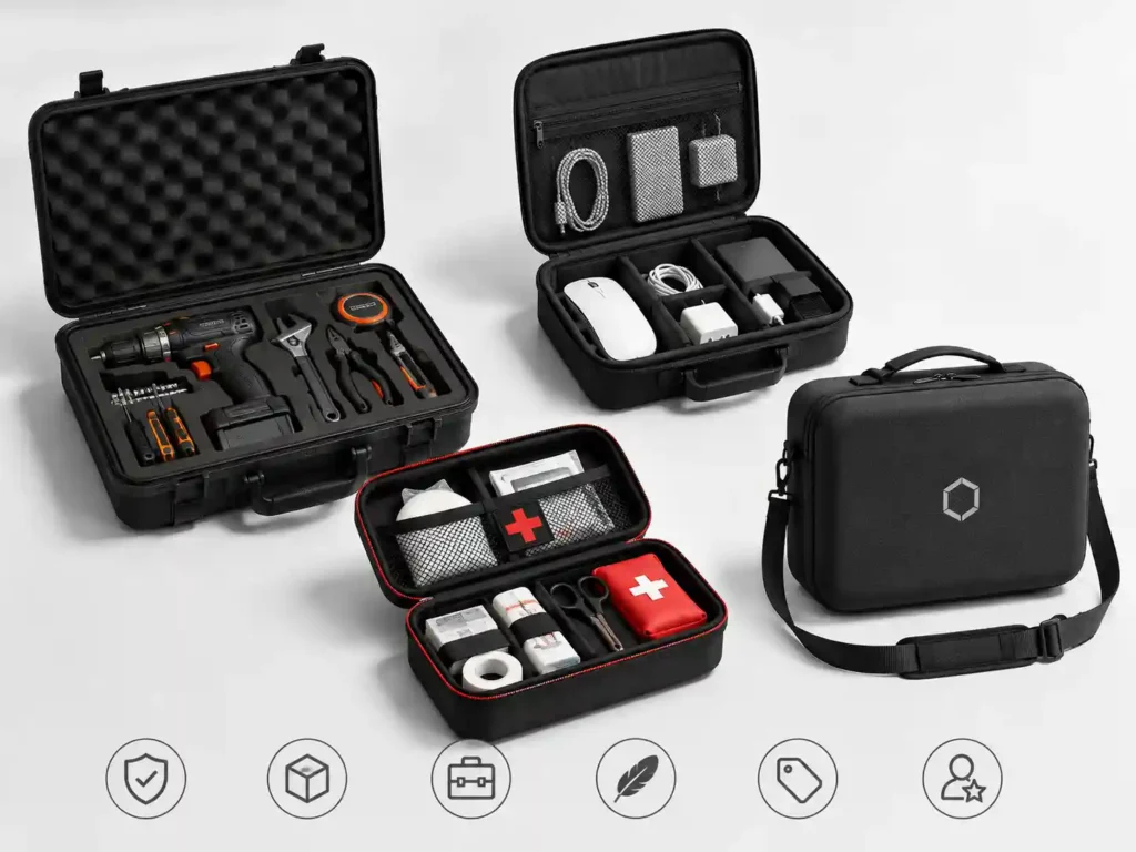 Custom EVA carrying cases for tools, electronic accessories and medical supplies with molded foam inserts, mesh pockets, shoulder strap and protective compartments